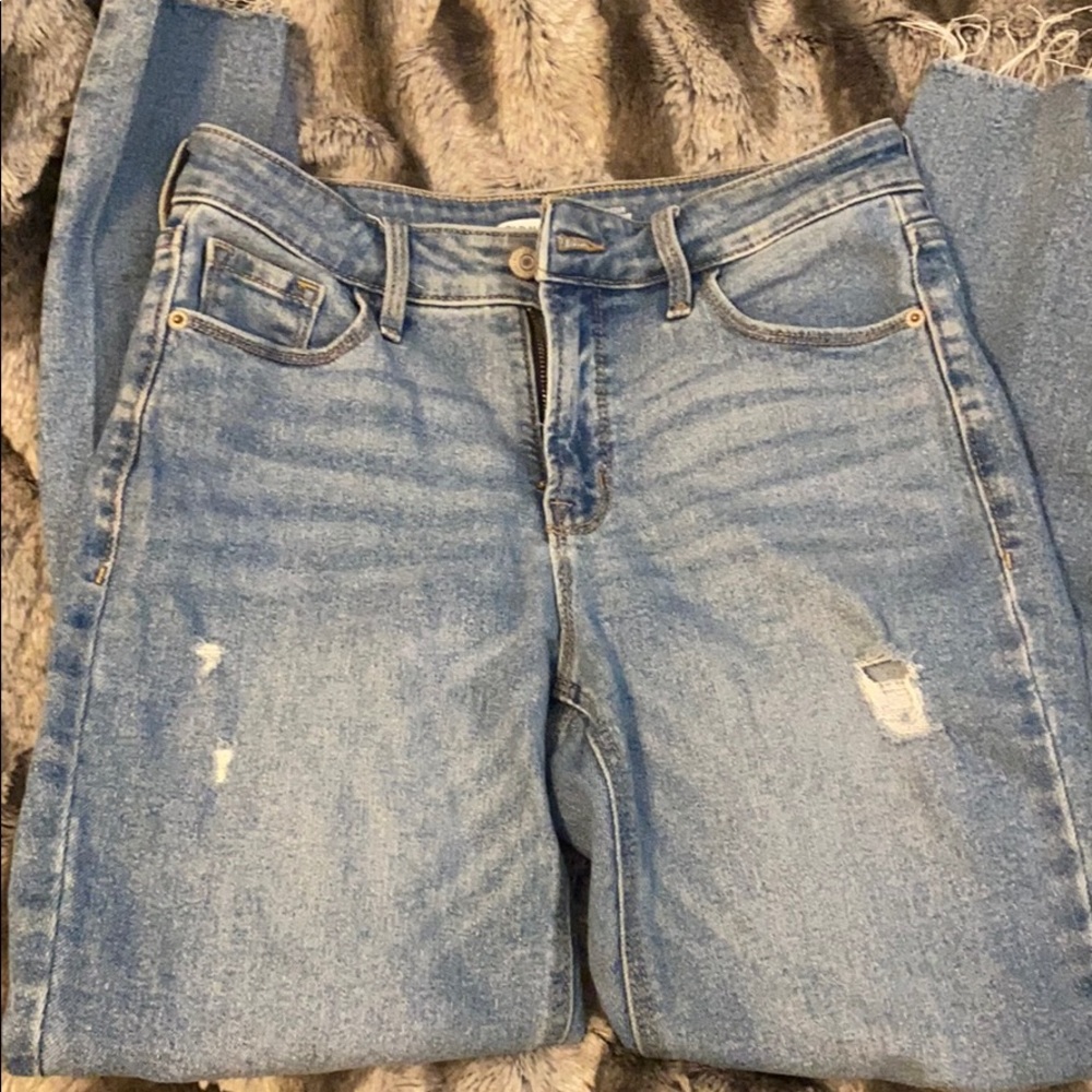 Distressed high rise jeans